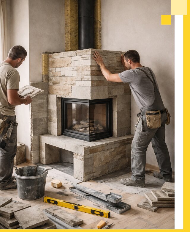 Угловые камины под ключ проект, монтаж и отделка в Вятских Поляне